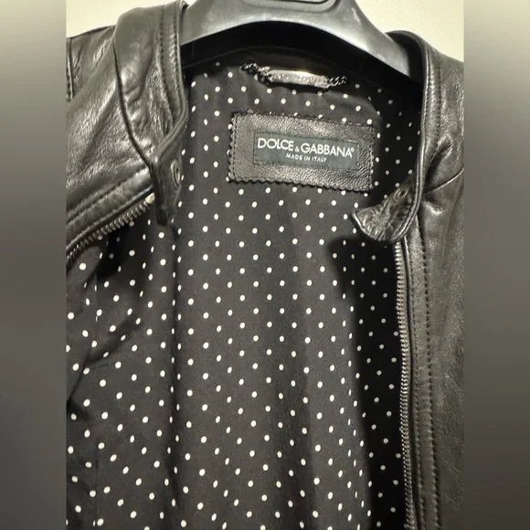 Dolce & Gabbana Black Leather Jacket with Polka Dot Lining